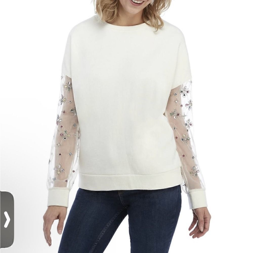Kaari Blue Beaded Emellished Sleeves Sweatshirt Size Medium - Picture 8 of 8